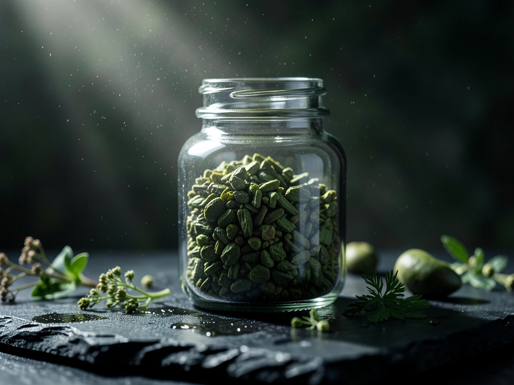 Botanical minerals and dark glass apothecary jar
